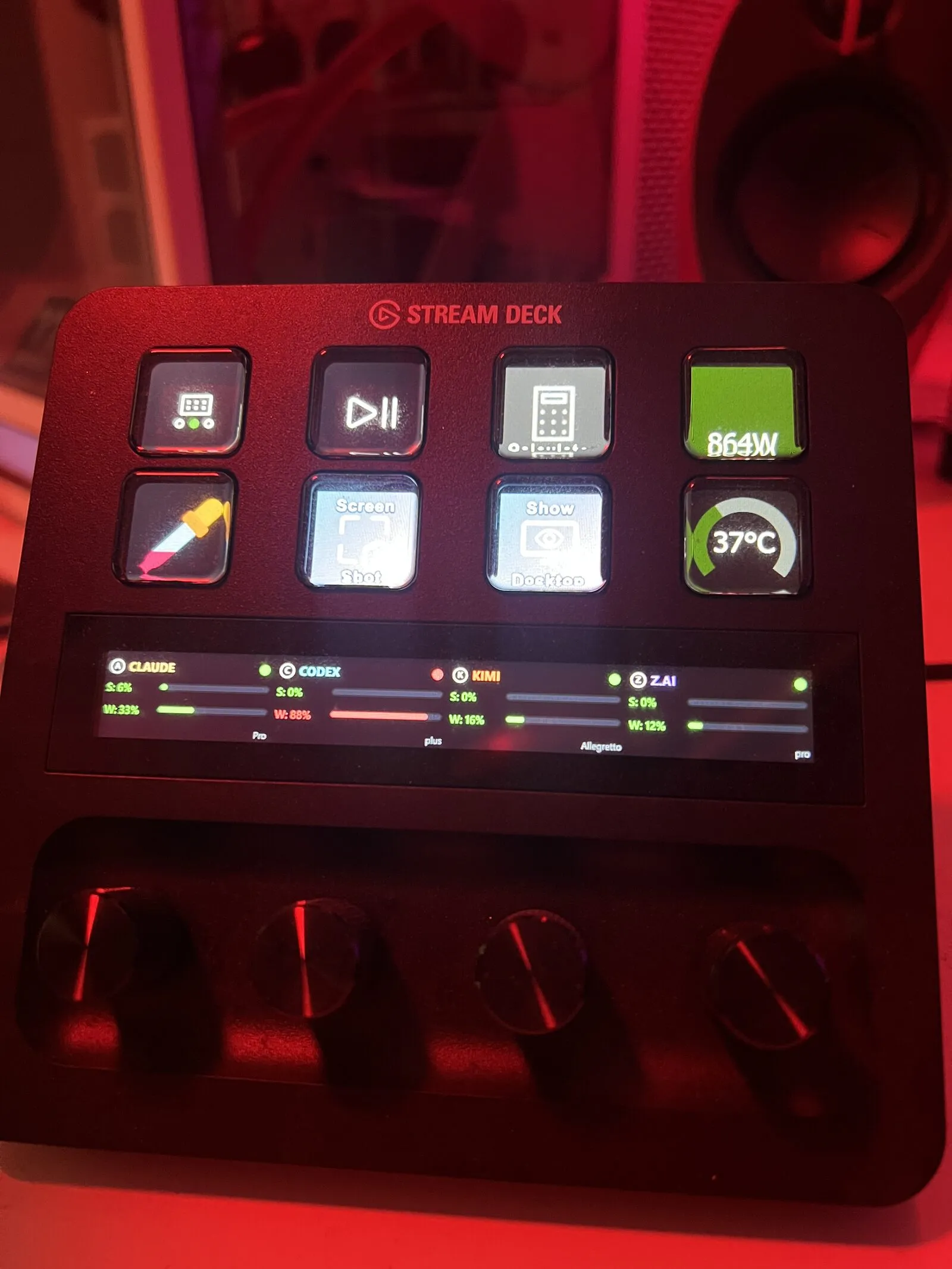 Stream Deck+ with all four AI agent usage monitors on the touch strip — Z.AI, Kimi, Codex, and Claude showing session and weekly bars.