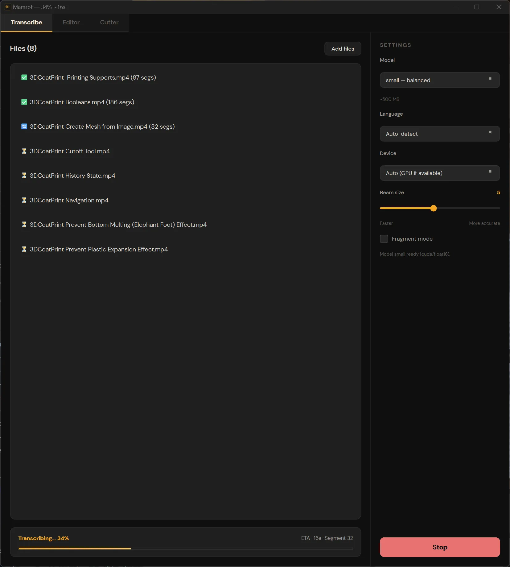 Mamrot's Transcribe tab showing a batch of 8 queued files, model and language selectors, and a progress bar at 34%.